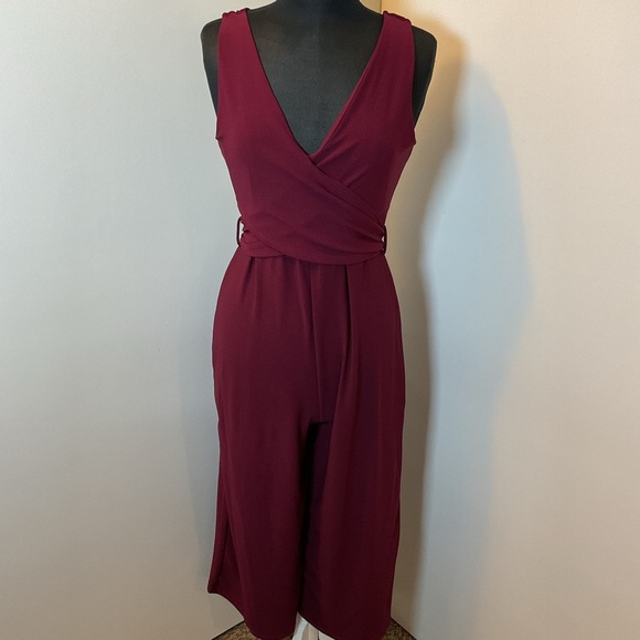 Blashe Pants - 13. Blaine Burgundy Jumpsuit with Plunging V-Neck and Cropped Legs Size Medium